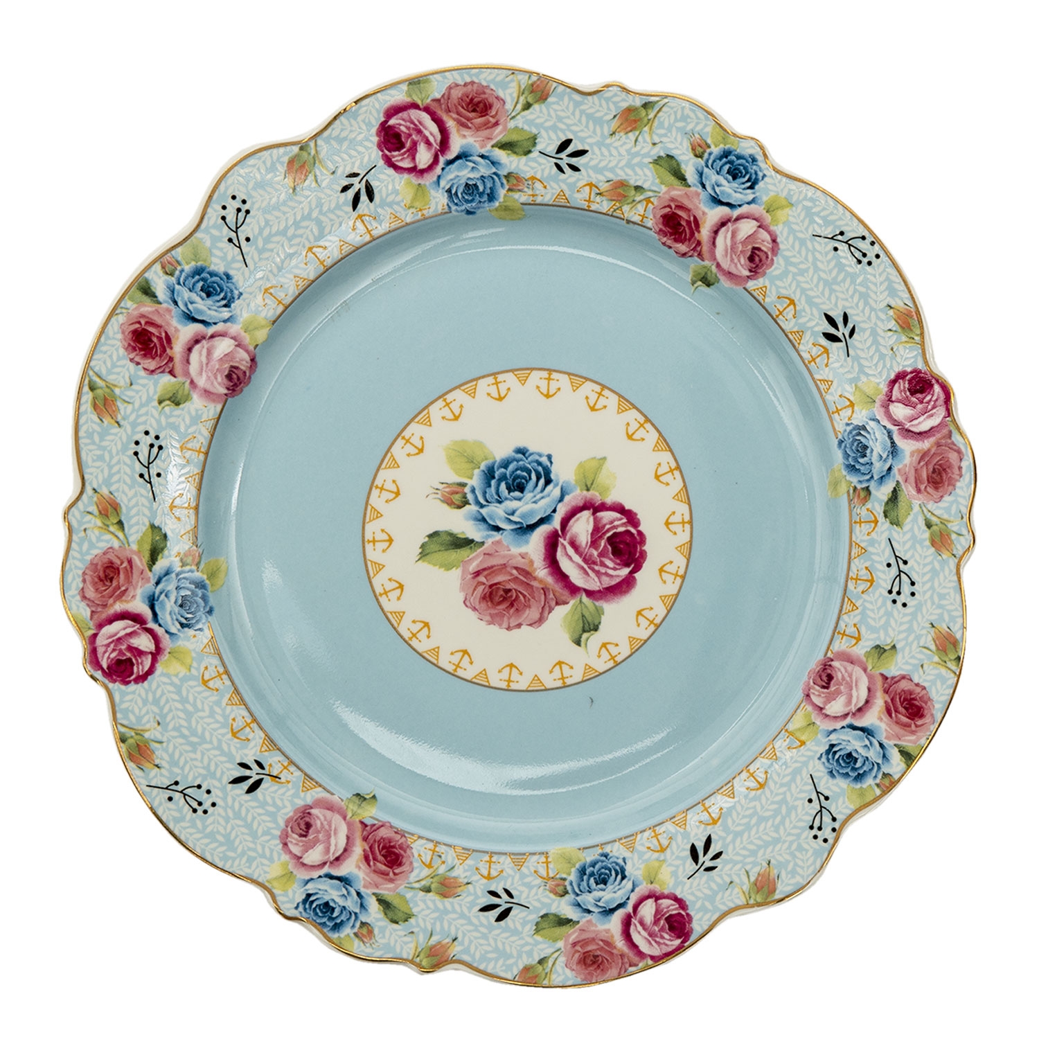 Mentolový porcelánový tanier so mentolovo-zlatým lemom a kvietkovaným vzorom Ø 20 x 2 cm Clayre & Eef 35629 - obrázok 1
