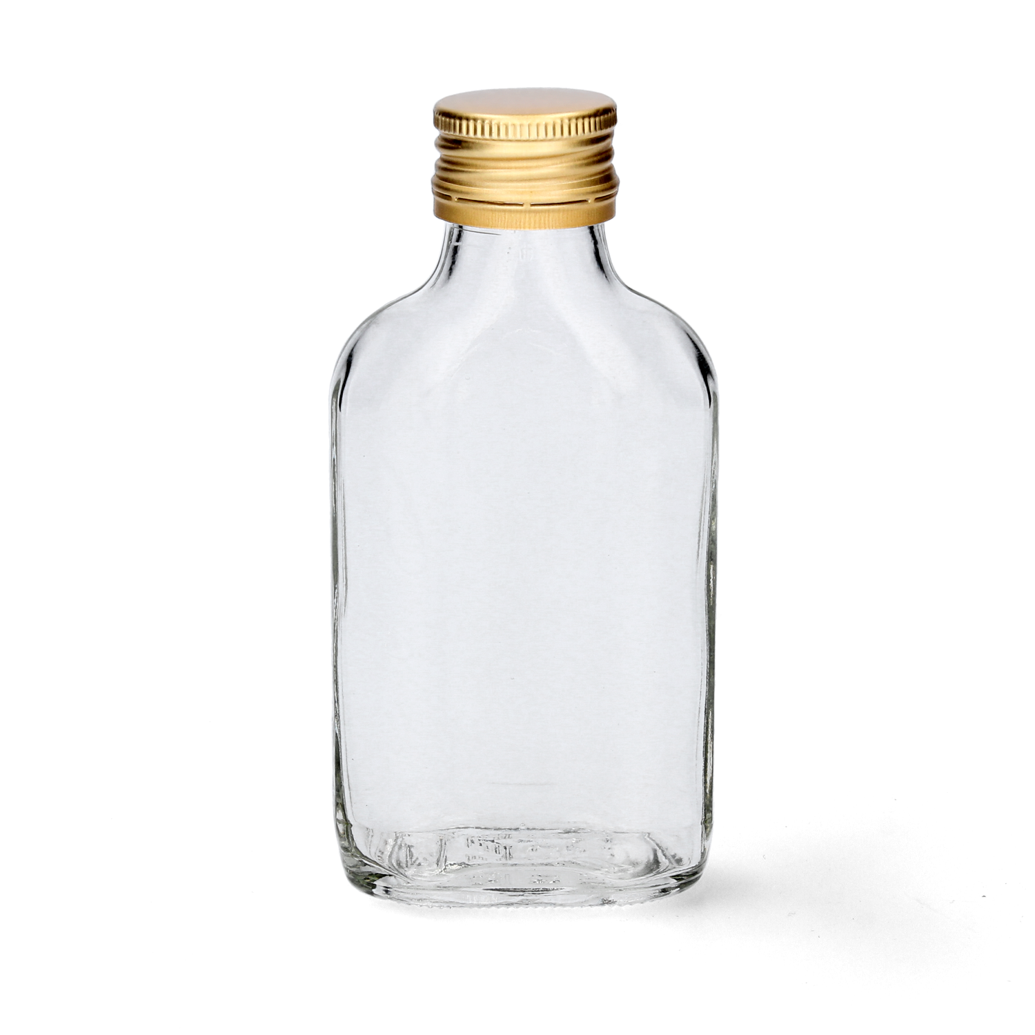 Sklenená transparentná fľaša so zlatým kovovým vrchnákom 100 ml 36647 - obrázok 1
