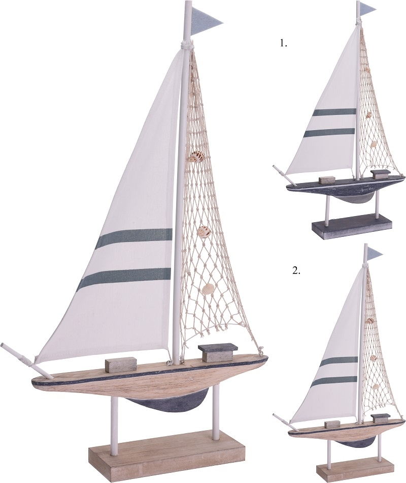 Drevená plachetnica na podstavci s textilnou plachtou a sieťkou dekorovanou mušľami 60cm 26742 - obrázok 1