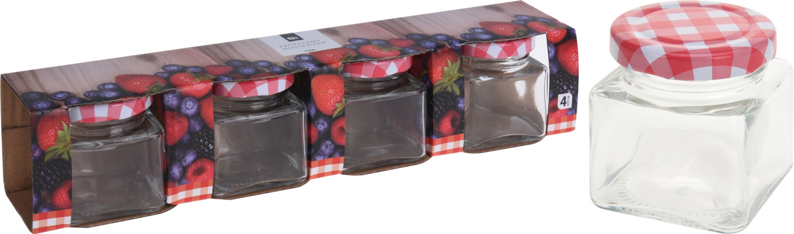 Set štyroch kusov sklenených dóz s červeno-bielym károvaným viečkom 75 ml 38874 - obrázok 1
