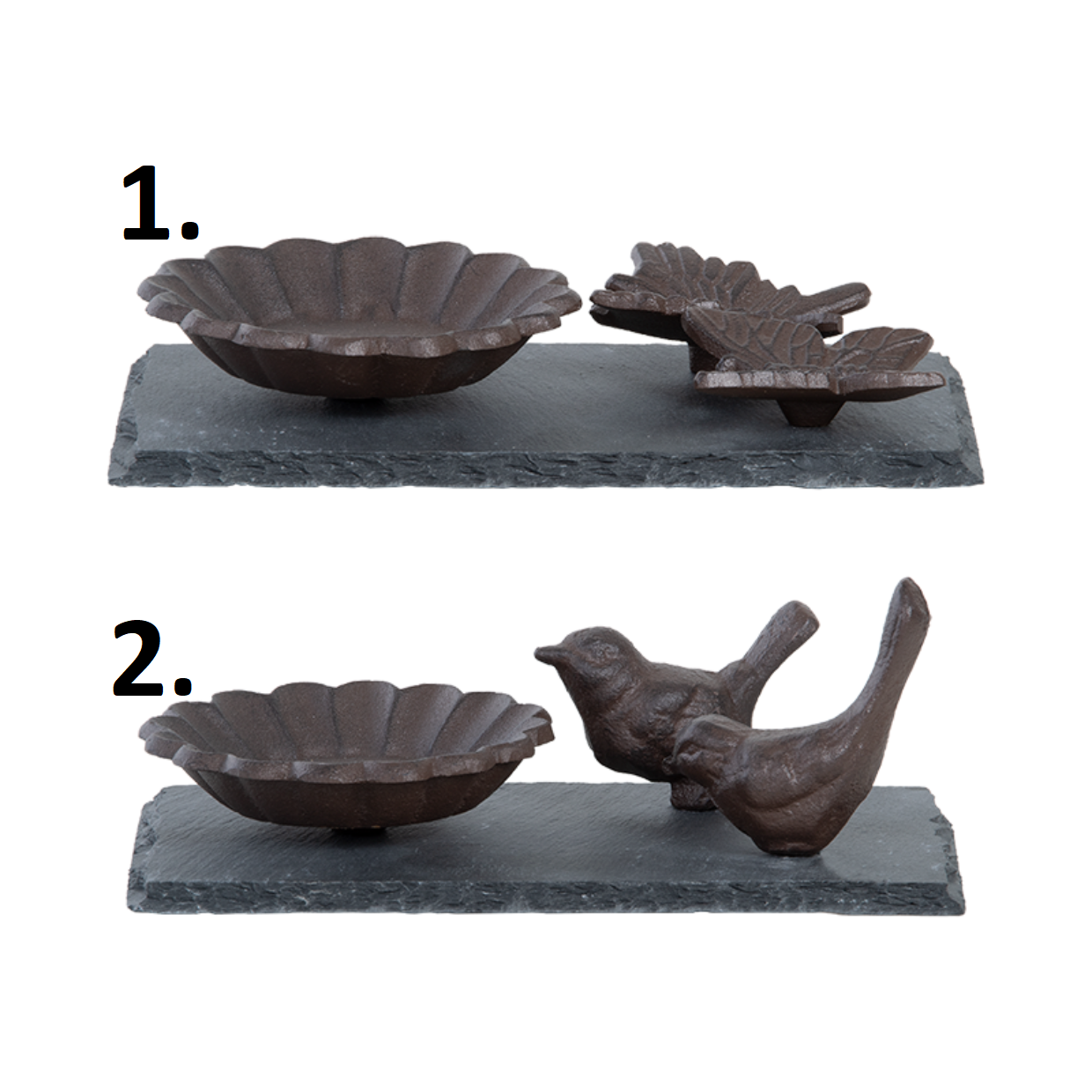 Kovové liatinové napájadlo pre vtáčiky s dekorom na bridlicovom podstavci 20 x 12 x 6,9 cm Esschert Design 40988 - obrázok 1