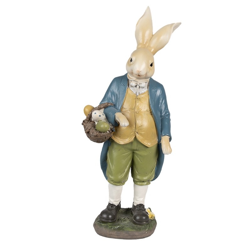 Polyresinová dekorácia zajaca v bielo-krémovom farebnom prevedení v modrom kabáte s košíkom 17 x 10 x 38 cm Clayre & Eef 42873 - obrázok 1