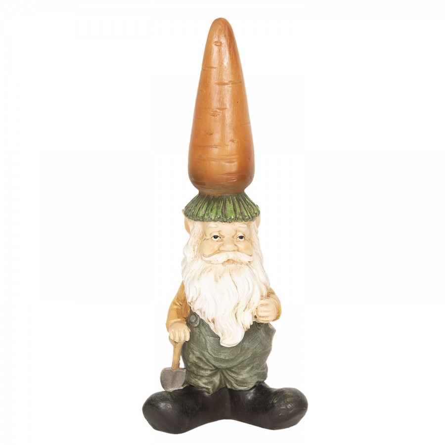 Polyresinový trpaslík v zelených nohaviciach s mrkvou na hlave a lopatkou v rukách 13x9x31 cm Clayre-Eef 31347 - obrázok 1