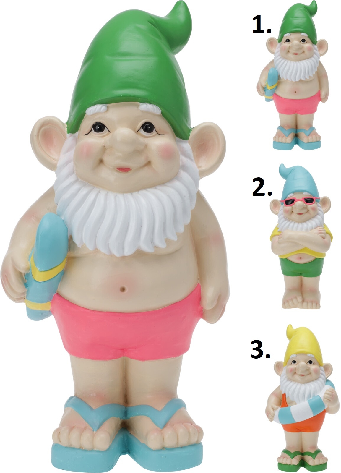 Polyresinová záhradná dekorácia trpaslíka v plážovom outfite v troch prevedeniach 19 x 45,5 x 23,5 cm 43122 - obrázok 1
