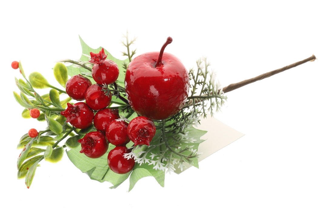 Umelá jesenná dekorácia vetvičky s červenými hlohmi,  jabĺčkom a zelenými listami 20 cm 38672 - obrázok 1