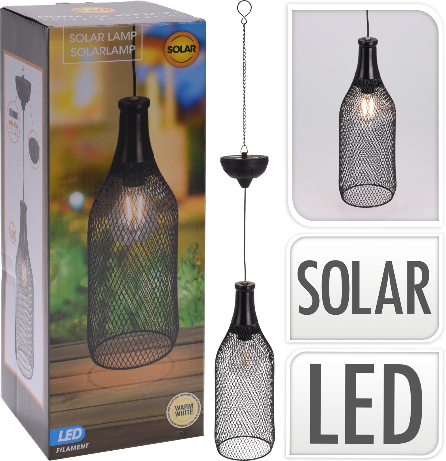 Kovová dekorácia lampy so solárnym nabíjaním a LED žiarovkou na retiazke 4,4 x 4,4 x 12,1 cm 37676 - obrázok 1