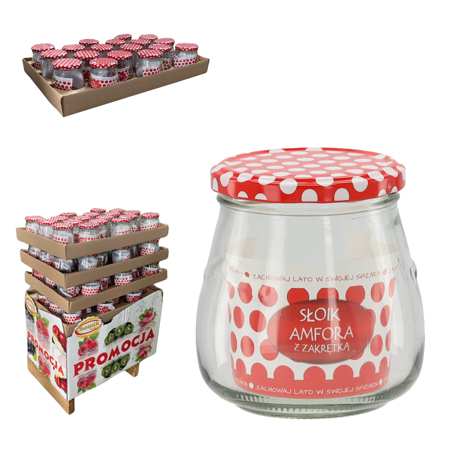 Sklenená transparentná zaváraninová fľaša s červeno-bielym bodkovaným kovovým vrchnákom 500 ml 44043 - obrázok 1