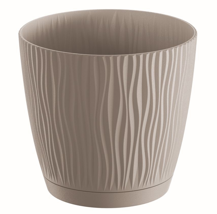 Plastový okrúhly kvetináč Sandy v mocca farbe s vrúbkovaným vzorovaním a podmiskou 14,9 cm 36280 - obrázok 1