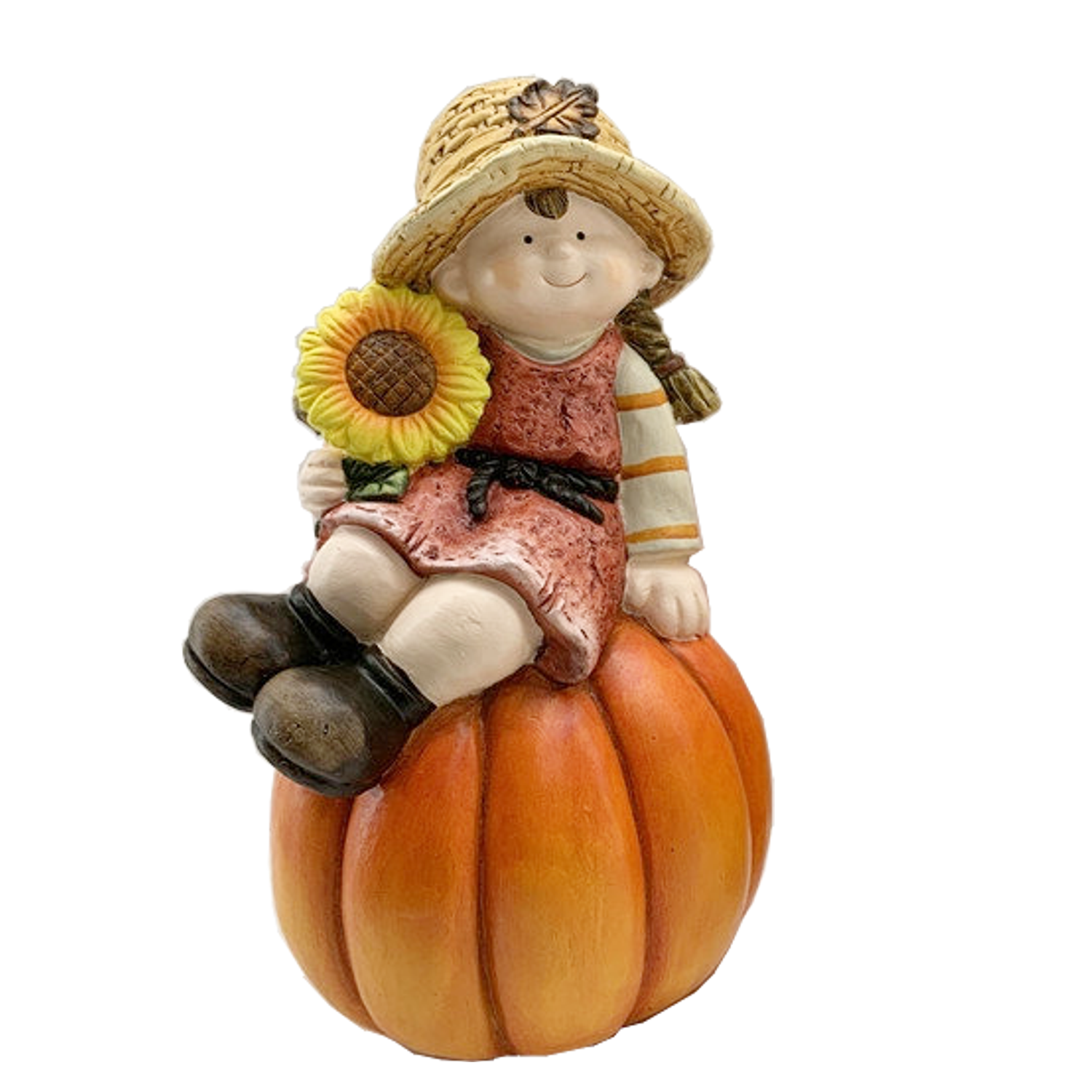 Keramická záhradná dekorácia dievčatka v oranžových šatočkách a klobúku sediacej na tekvici 22 x 21 x 37,5 cm 40807 - obrázok 1