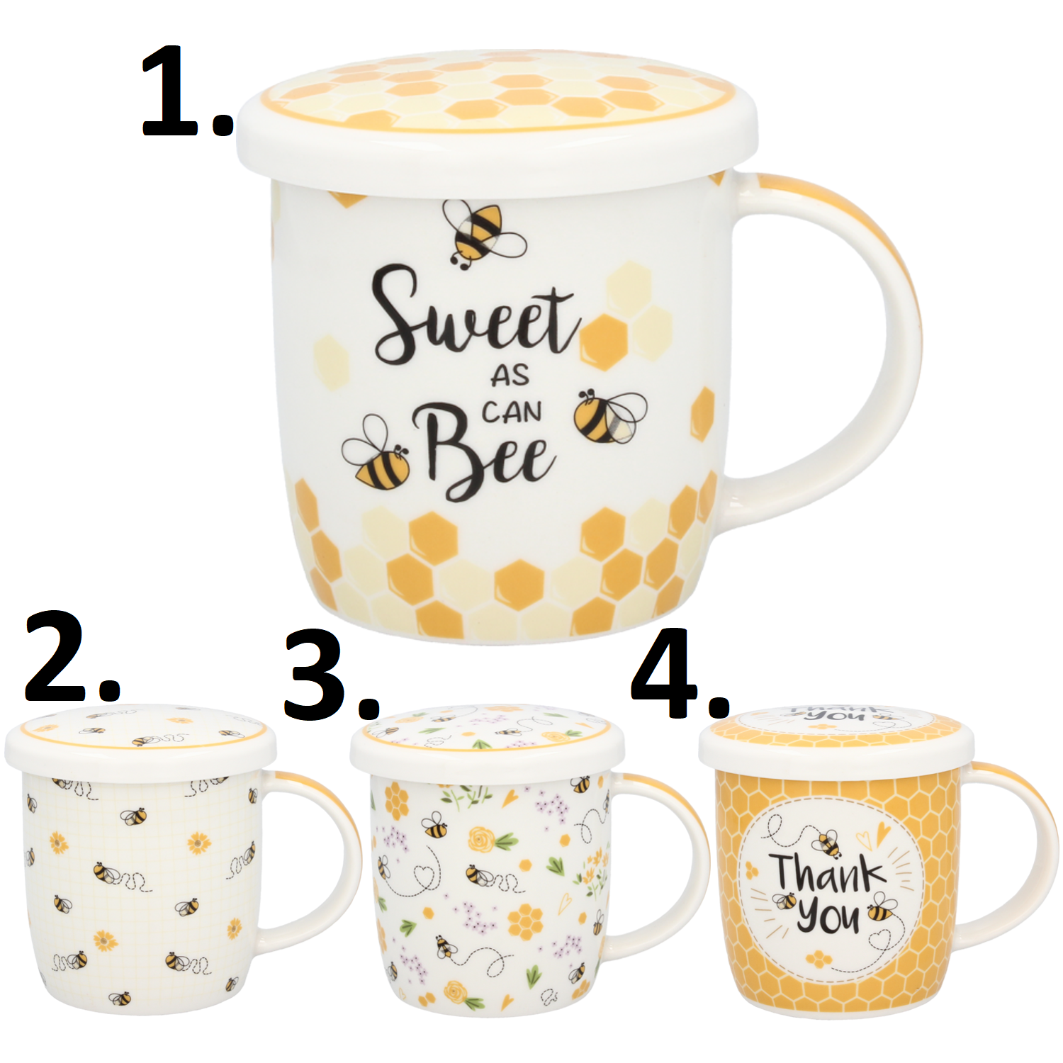 Porcelánový hrnček bielej farby a dekorovaním včielok a poklopom v štyroch prevedeniach 350 ml 40792 - obrázok 1
