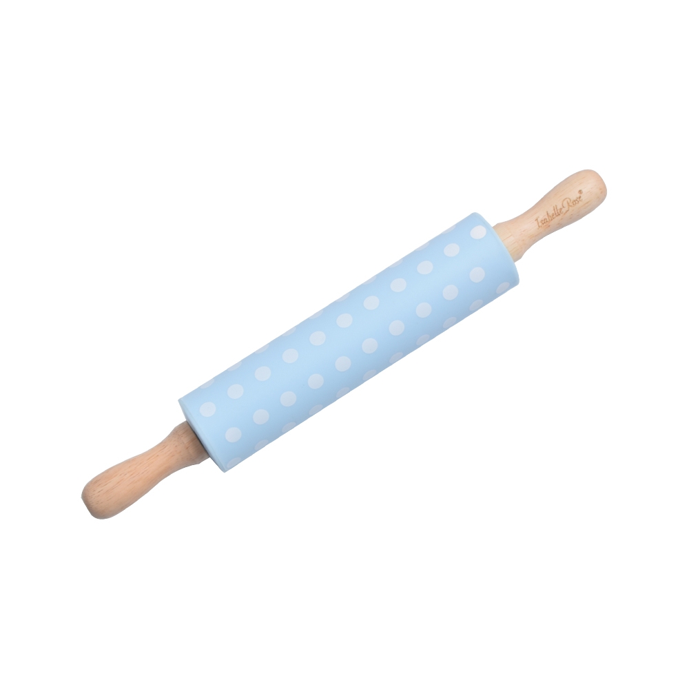 Silikónový pastelovo modrý valček s motívom bodiek a dreveným úchopom s nápisom 38 cm Isabelle Rose 36043 - obrázok 1
