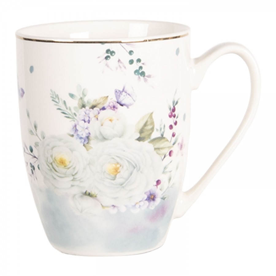 Porcelánový biely pohár dekorovaný kvietkami Clayre-Eef 0,36 L 31412 - obrázok 1