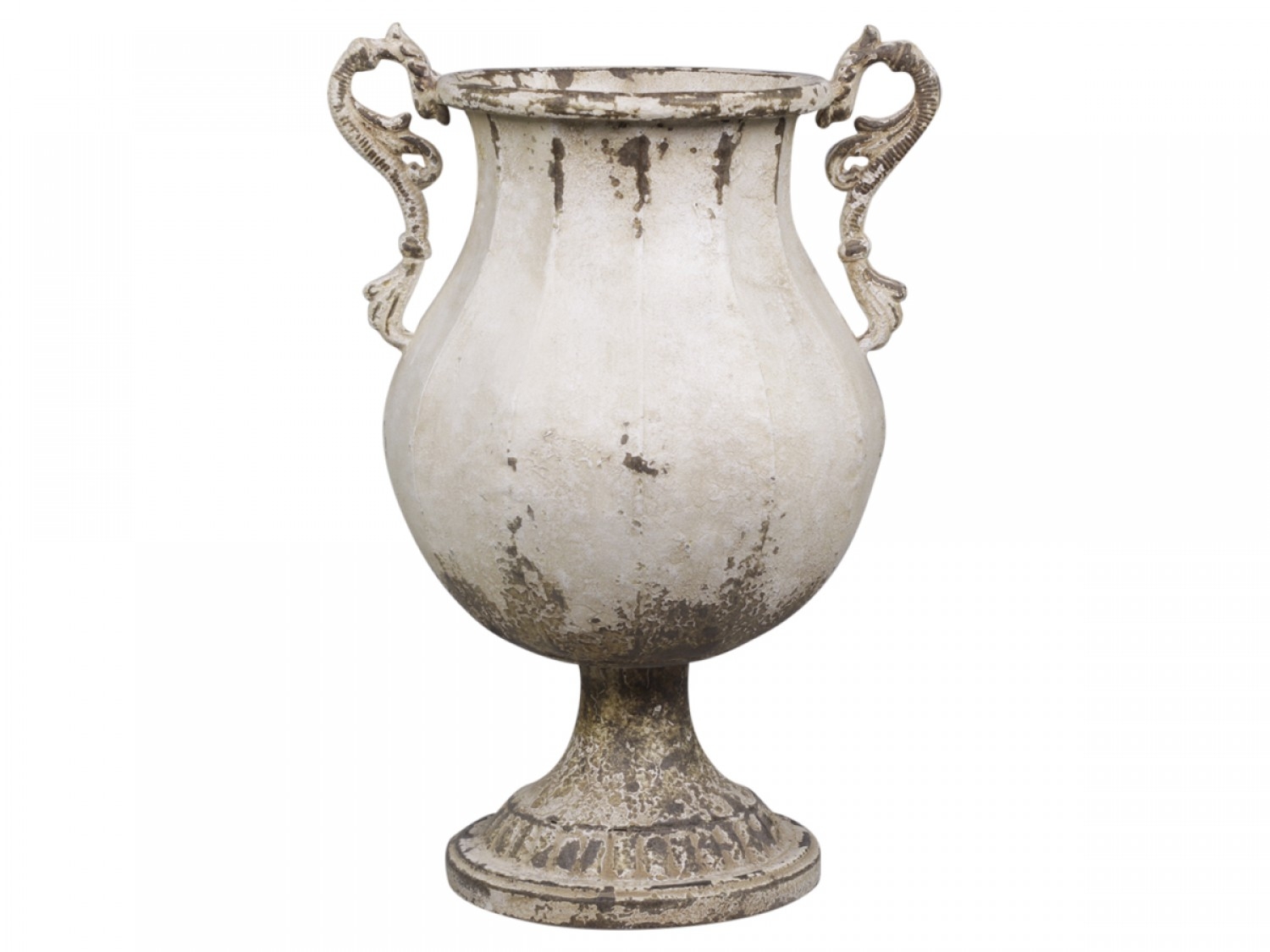 Kovový starožitný kvetináč na stopke v krémovom farebnom prevedení v ošúchanom vintage štýle a úchytmi 26 x 45 cm Chic Antique 40733 - obrázok 1