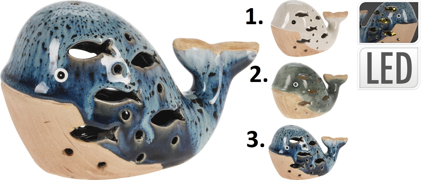 Porcelánová LED dekorácia veľryby v troch farebných prevedeniach s glazovaným povrchom 16 x 10 cm 43146 - obrázok 1