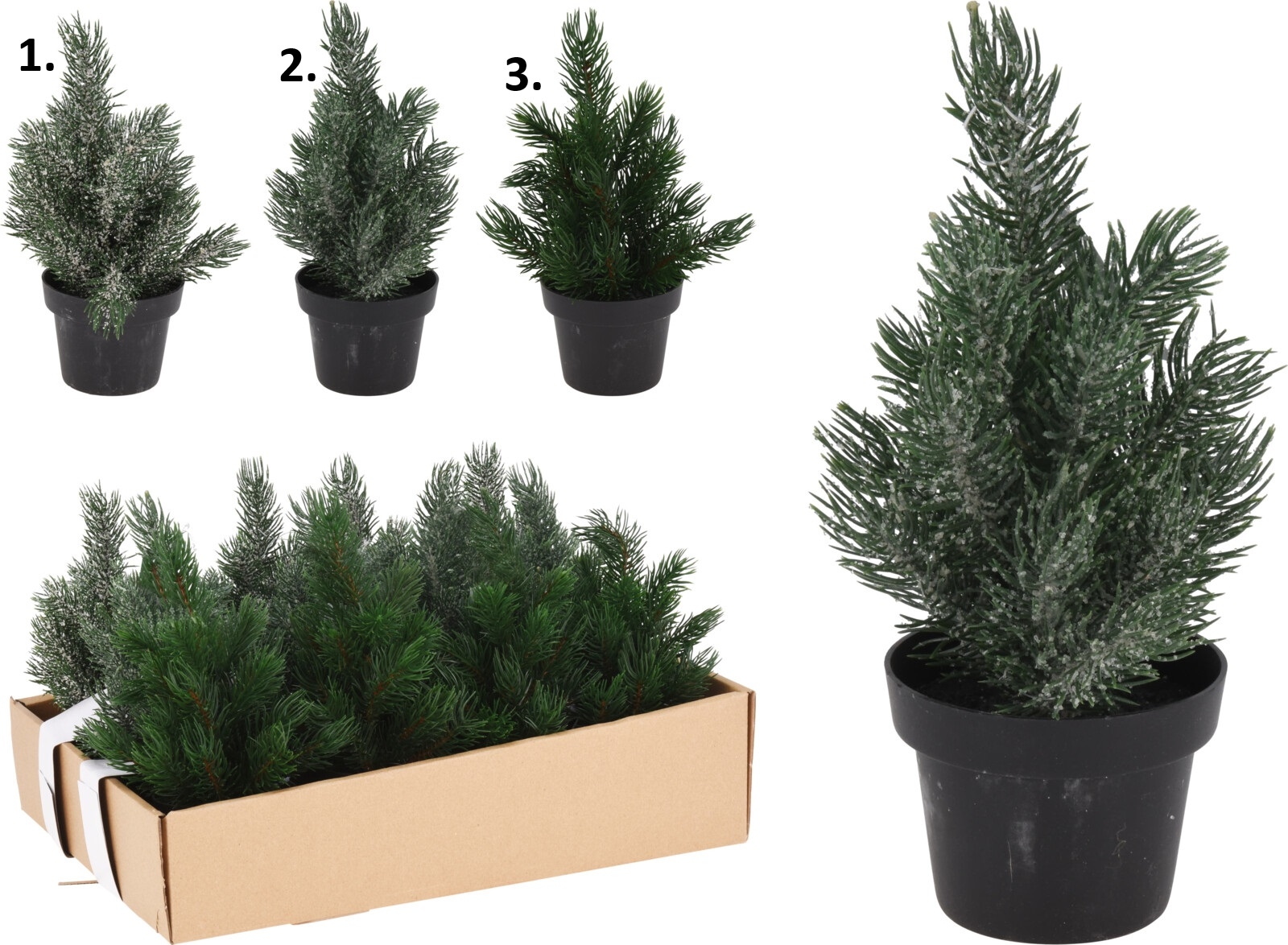 Vianočná umelá dekorácia stromčeka v plastovom čiernom kvetináči v troch prevedeniach 22 cm 44700 - obrázok 1