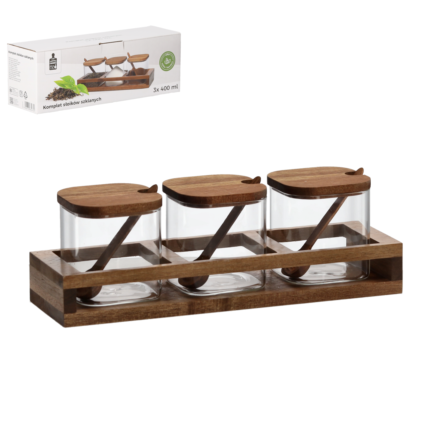Set 3 dóz sklenených s dreveným poklopom a lyžicou 3x400 ml 45977 - obrázok 1