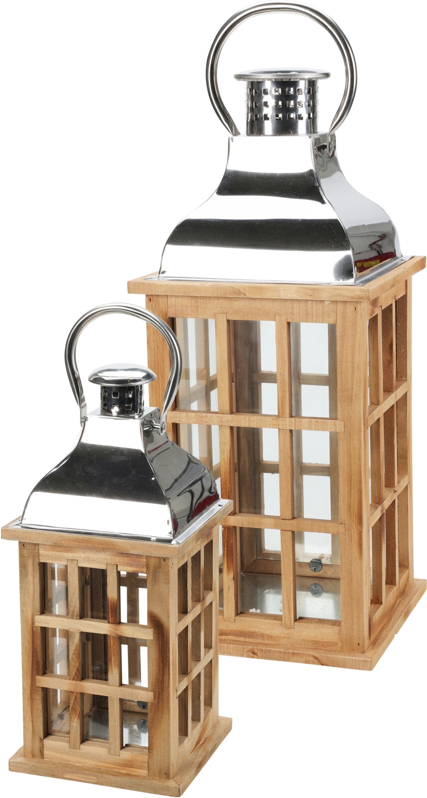 Hnedý drevený malý lampáš so sklenenou výplňou so striebornou kovovou strieškou a rúčkou 15 x 15 x 35 cm 38837 - obrázok 1