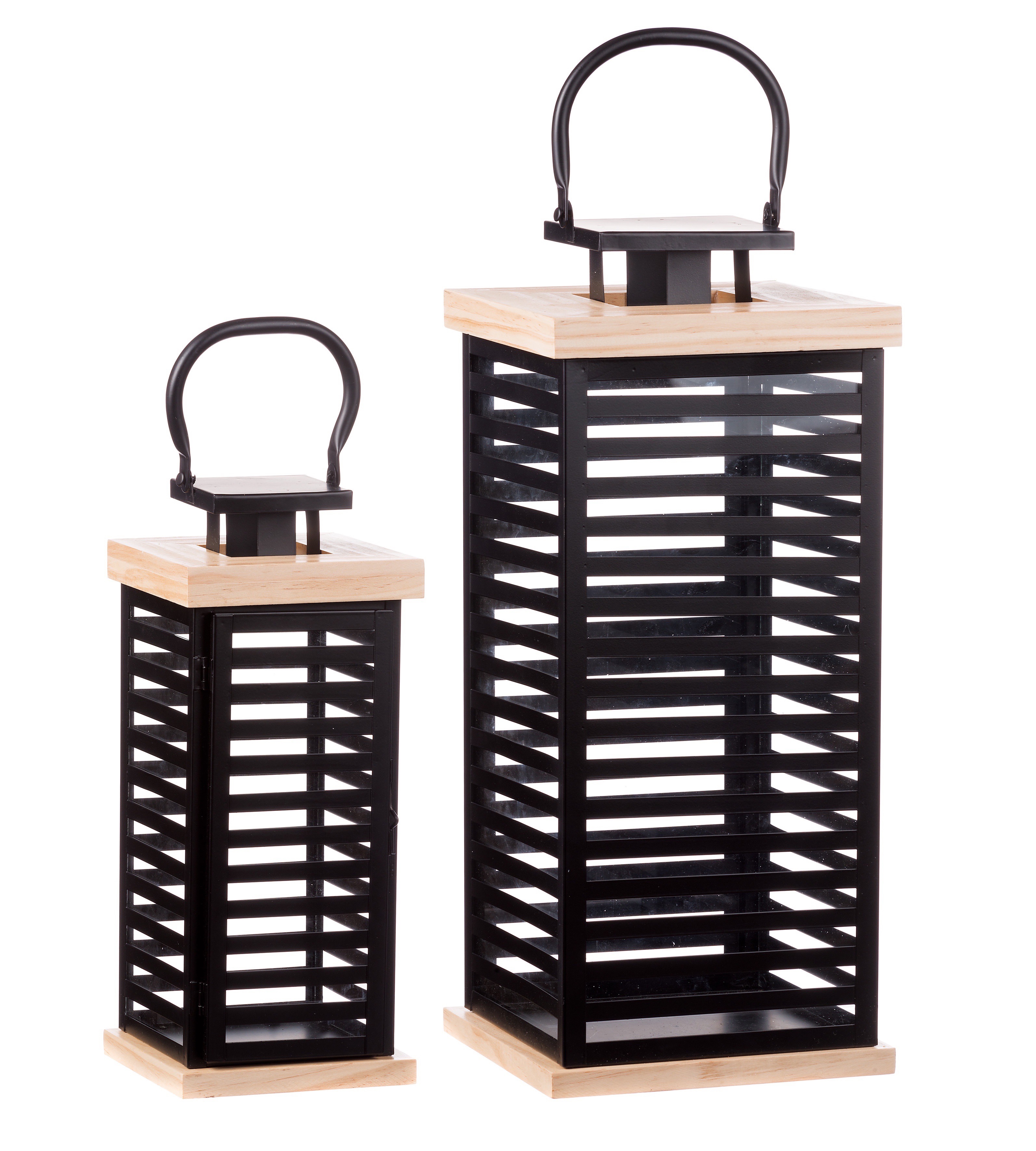 Čierno-hnedý dreveno-kovový moderný lampáš so sklenenou výplňou a kovovým úchopom 20 x 20 x 48 cm 39735 - obrázok 1