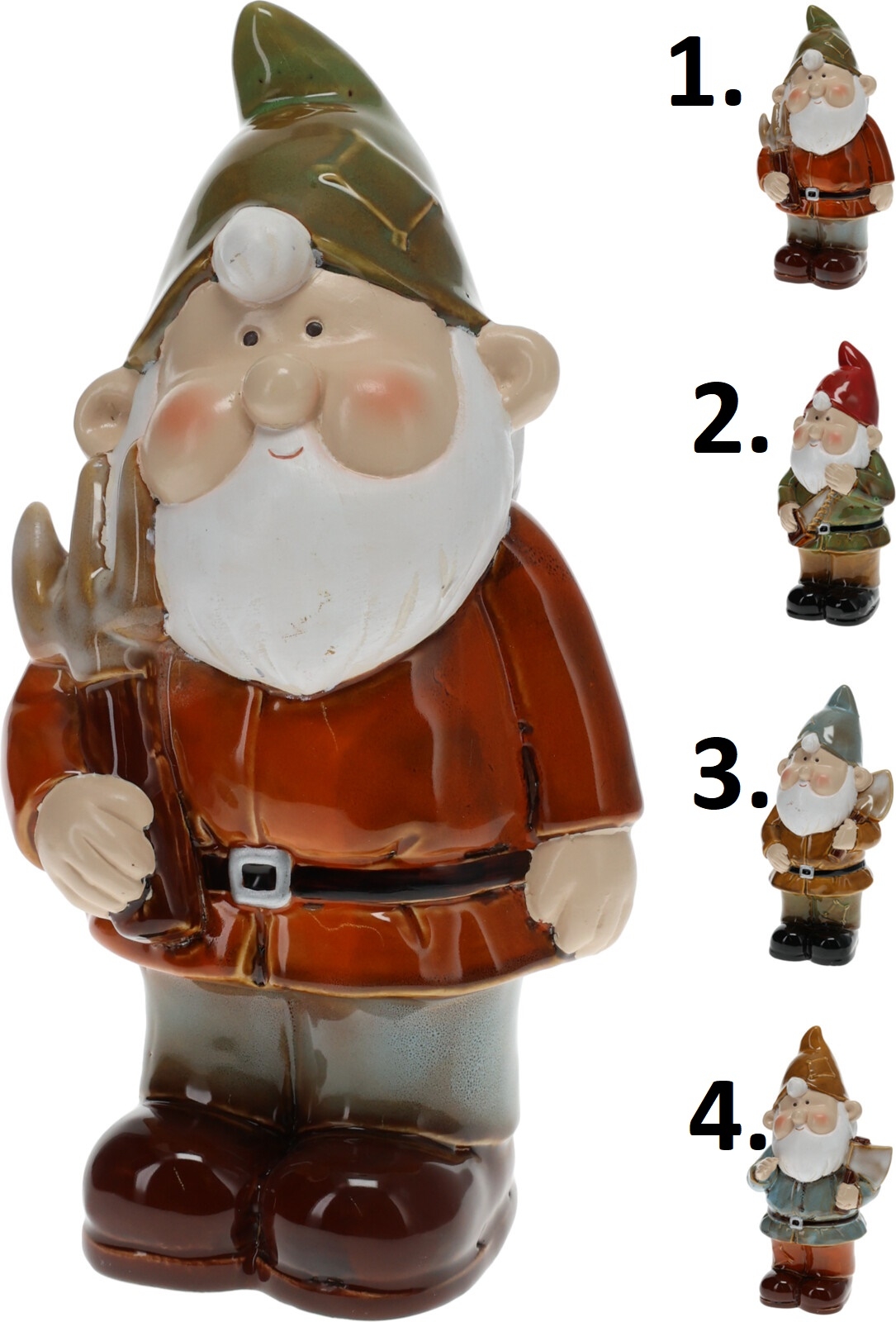 Záhradná polyresinová postavička trpaslíka držiaceho v ruke predmet v štyroch prevedeniach 27 cm 37698 - obrázok 1