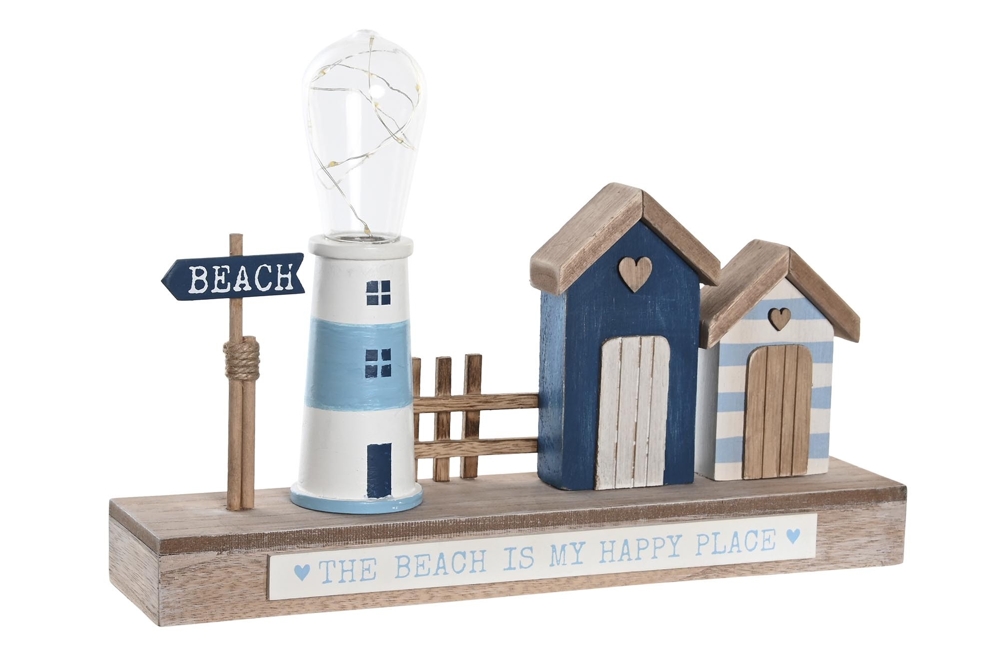 Dreveno modro-biela LED dekorácia s domčekmi a majákom na hnedom podstavci v morskom štýle 32 x 6,8 x 23 cm 40430 - obrázok 1