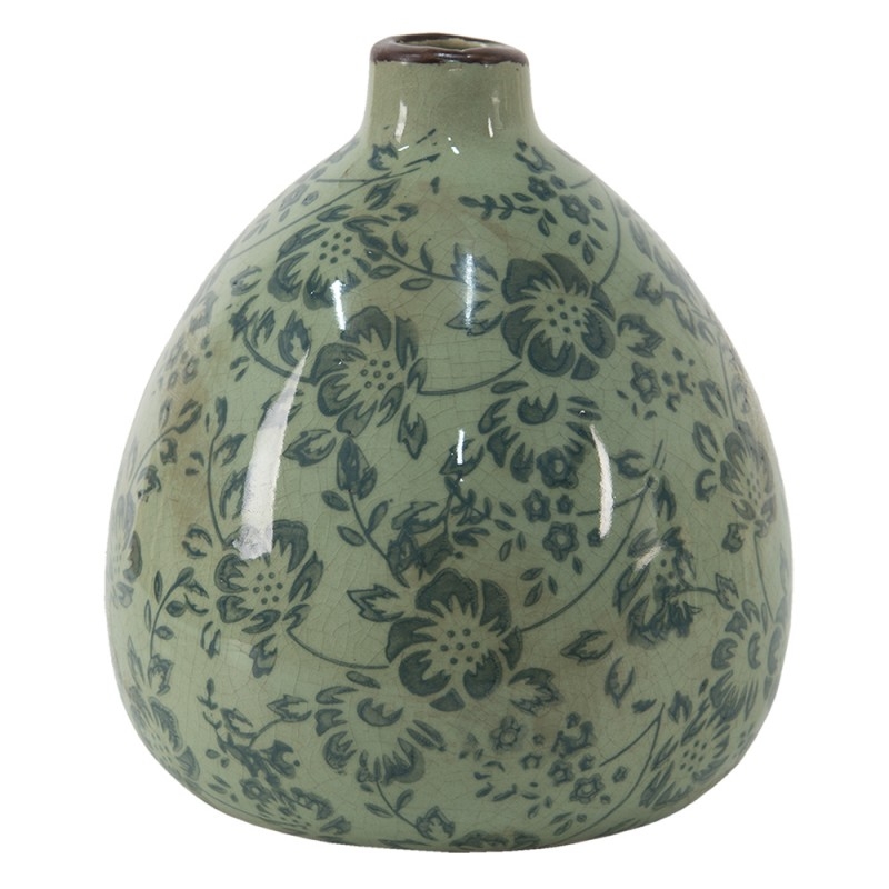 Keramická zelená váza s obitým vzhľadom s dekorom tmavozelených kvietkov vo vintage štýle 13 x 14 cm Clayre & Eef 36123 - obrázok 1