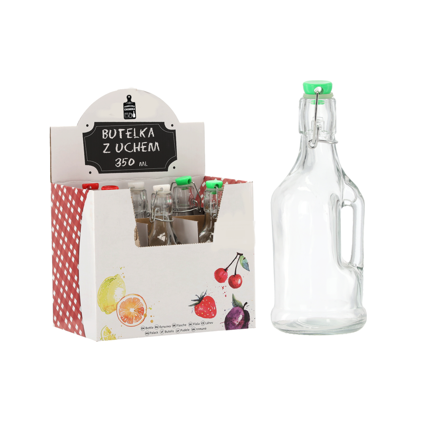 Sklenená transparentná fľaša s klipsovým vrchnákom a uškom na uchopenie 350ml 27465 - obrázok 1