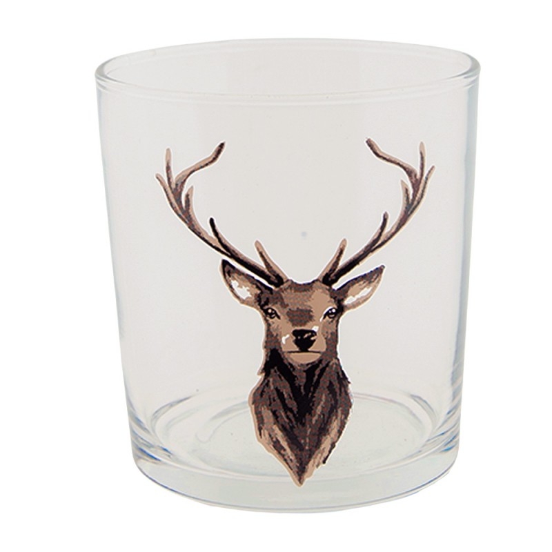 Sklenený pohár v transparentnom prevedení s dekorom hnedého jeleňa s parohami 250 ml / 8 x 9 cm Clayre & Eef 42437 - obrázok 1