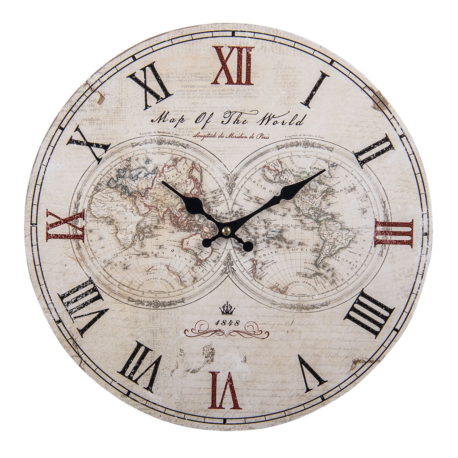 Drevené krémovo-čierne nástenné hodiny v country vintage štýle s mapou sveta Ø 34*4 cm Clayre & Eef 44841 - obrázok 1