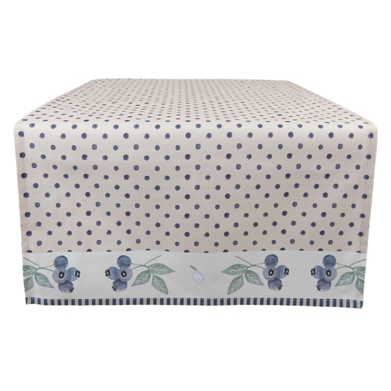 Bavlnený krémovo modrý bodkovaný obrus lemovaný vzorom čučoriedok 50x140 cm Clayre & Eef 38097 - obrázok 1