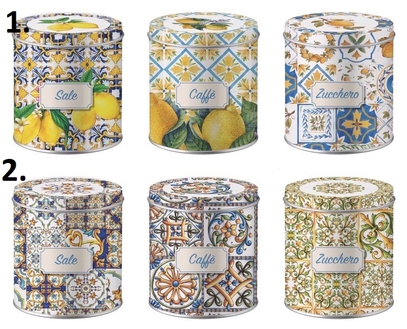 Set troch kusov plechových farebných dóz s poklopom a nápisom cukor káva soľ v dvoch prevedeniach 10 x 12 cm 39003 - obrázok 1