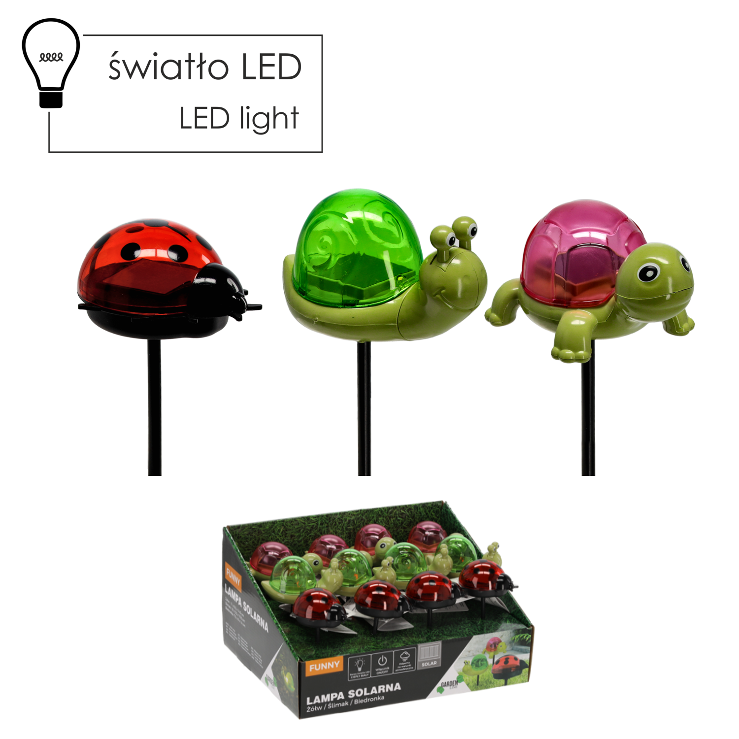 Záhradná solárna lampa ako červená lienka , zelený slimák a ružová korytnačka 43595 - obrázok 1