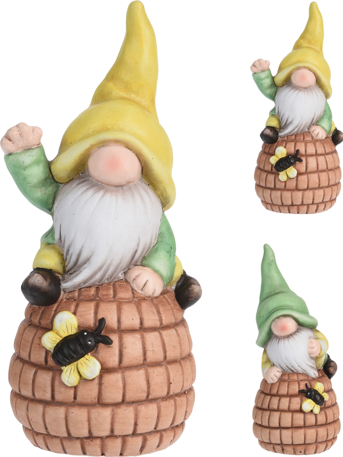 Keramická postavička trpaslíka s dlhou bradou sediaceho na včeľom úli a s dekorom včely 8 x 24 cm 37105 - obrázok 1