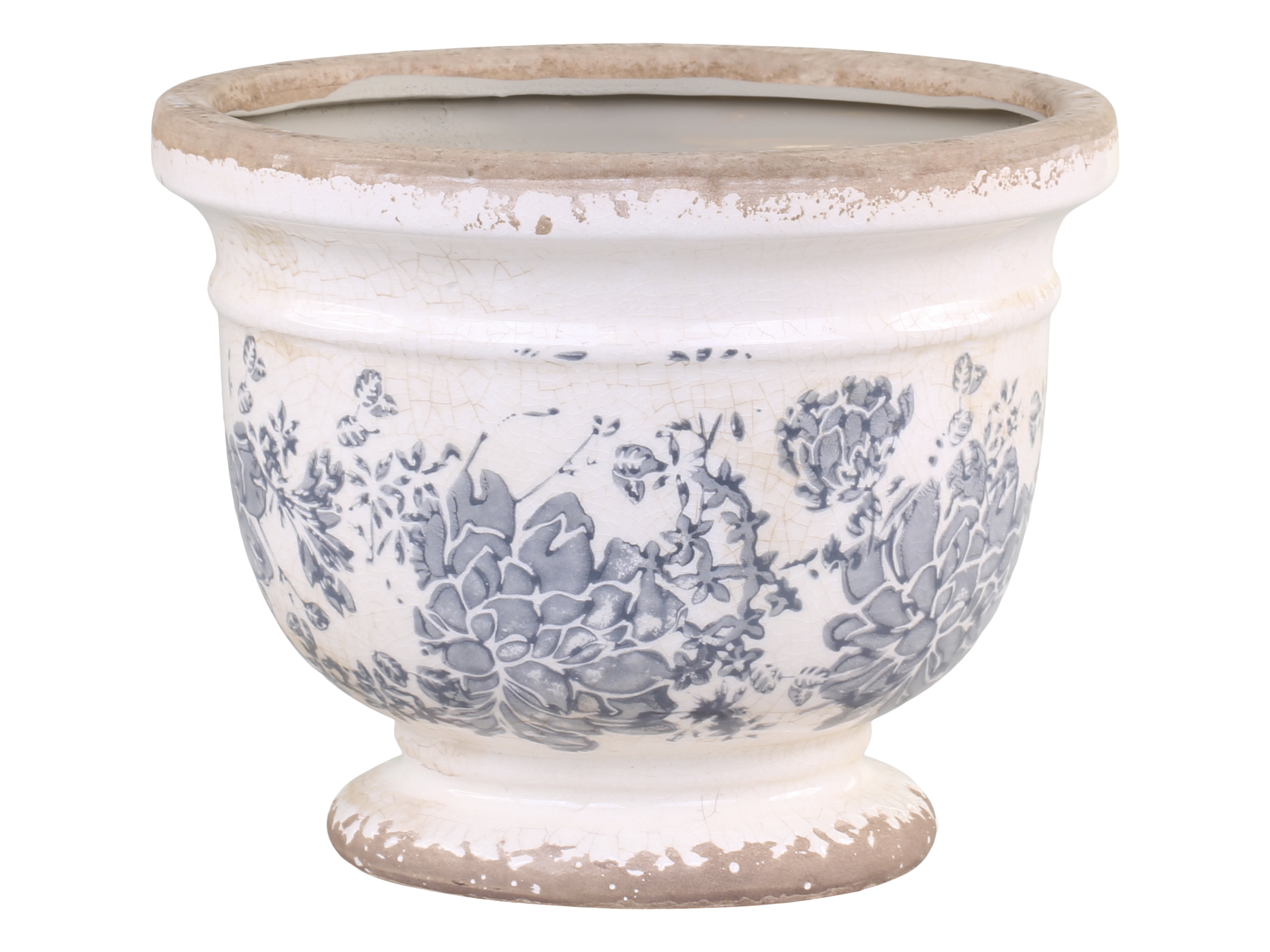 Keramický krémový kvetináč s obitým vzhľadom s dekorom modrých kvietkov vo vintage štýle malý Chic Antique 35225 - obrázok 1