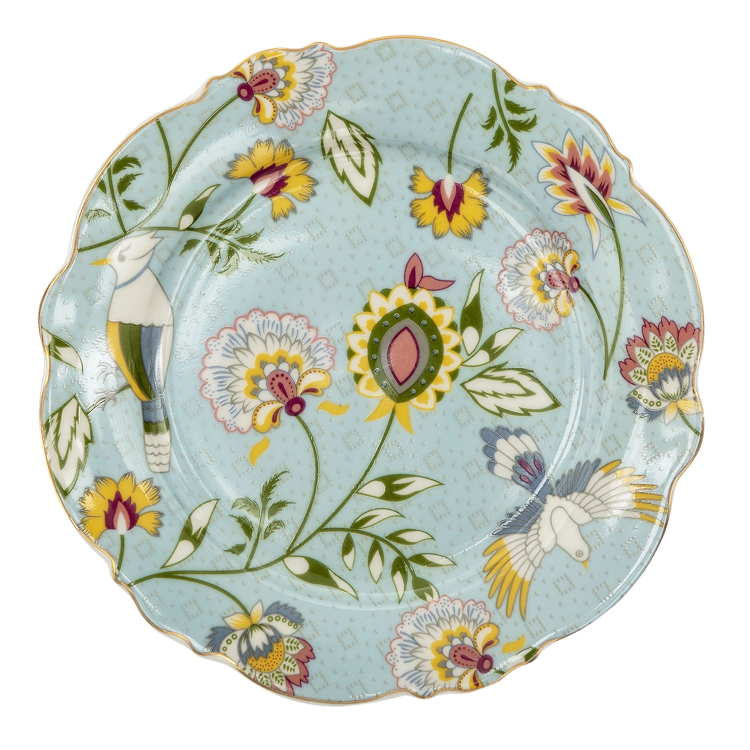 Mentolový porcelánový tanier so zlatým lemom a kvietkovaným vzorom Ø 20 x 2 cm Clayre & Eef 35626 - obrázok 1