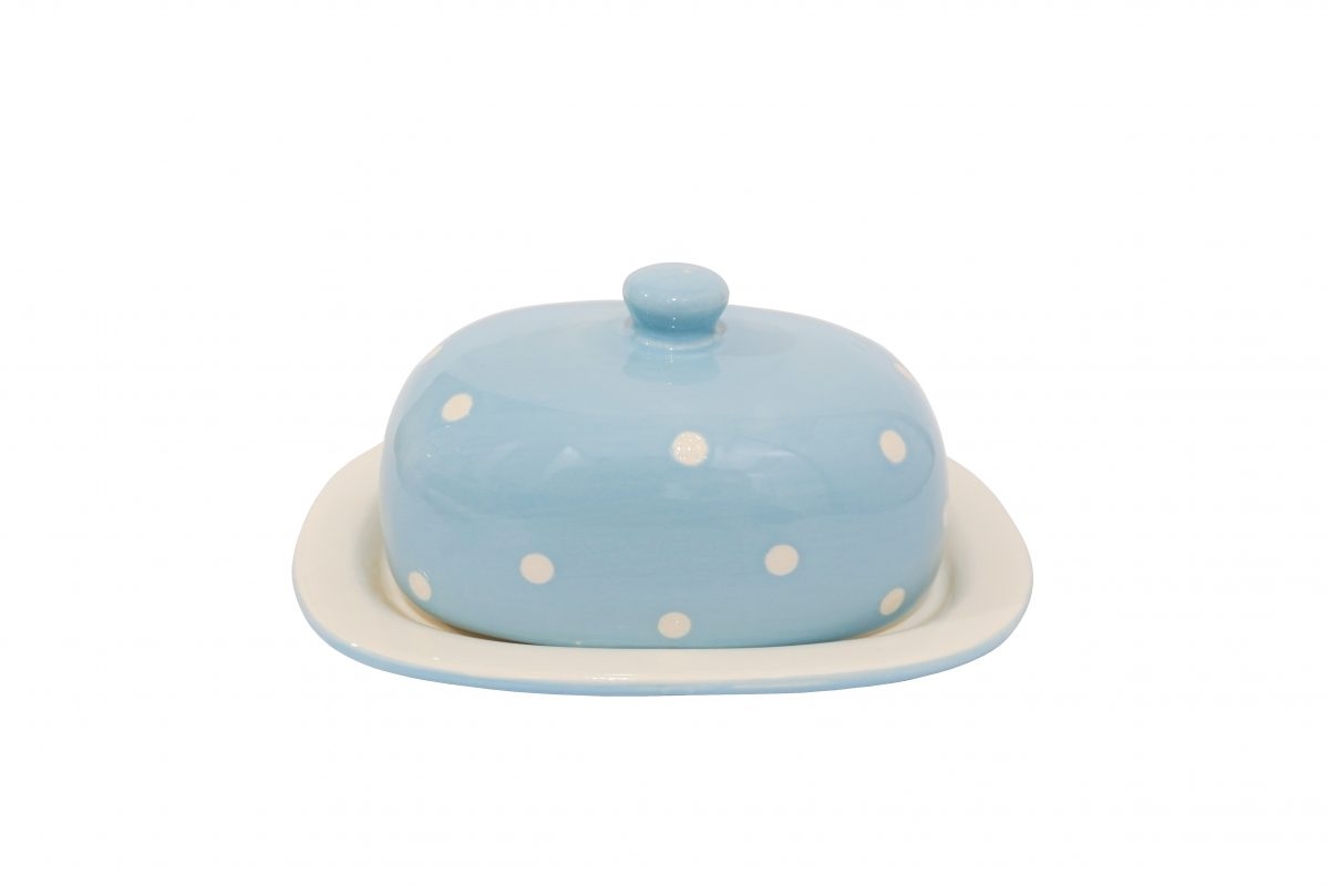 Porcelánová pastelová modro-biela retro dóza na maslo ako maselnička s bodkovaným bielym dekorom 9 x 20,5 cm Isabelle Rose 35853 - obrázok 1