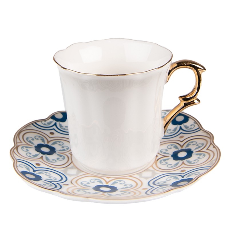 Porcelánová šálka s tanierikom v bielom farebnom prevedení so zlato-modrým dekorovaním 95 ml Clayre & Eef 43880 - obrázok 1