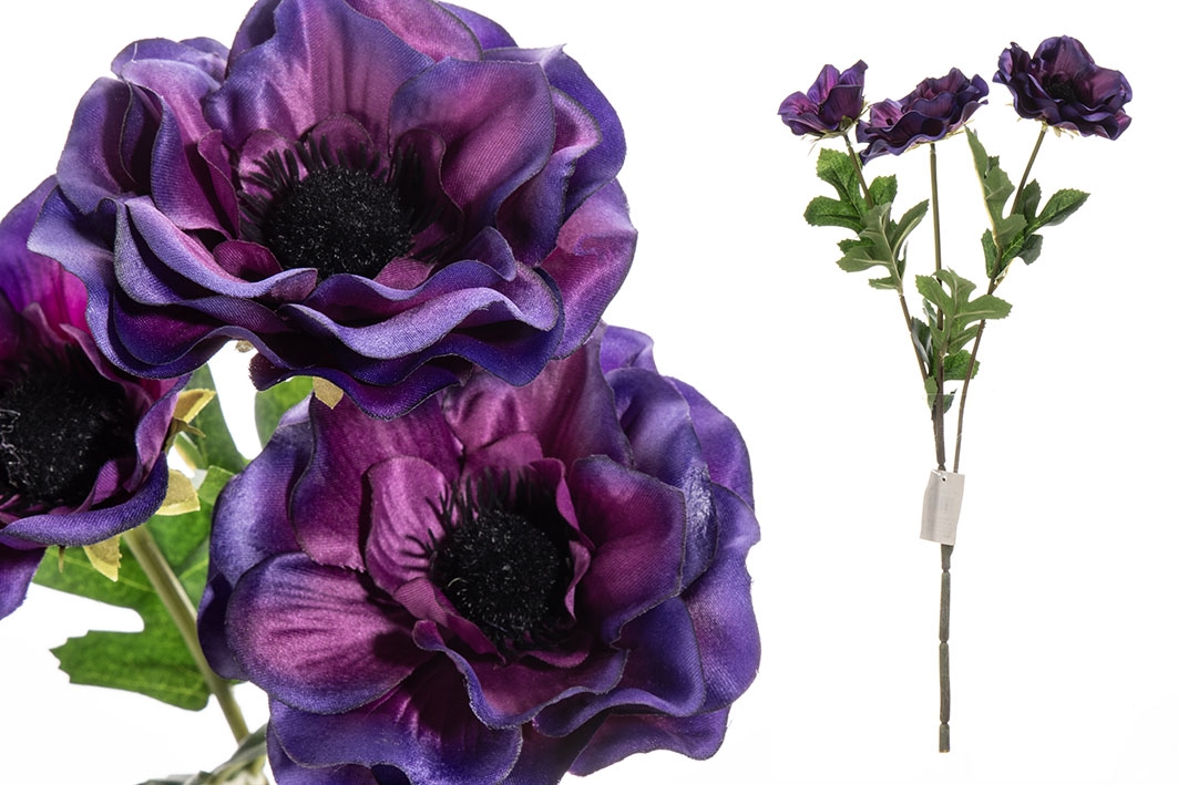 Anemone fialové umelé s listami 47 cm 45923 - obrázok 1