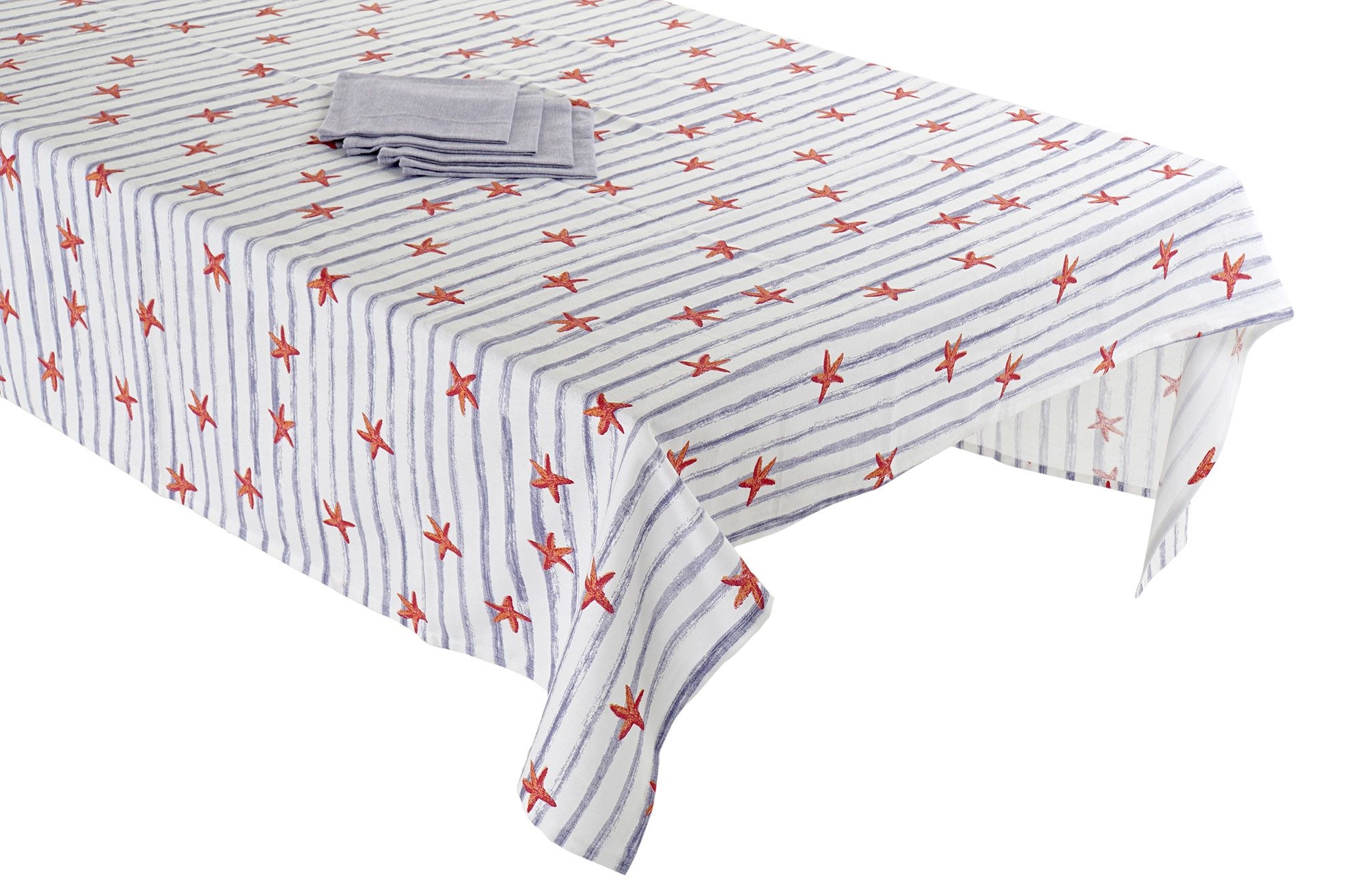 Obrus s modrými pásikmi a morskými hviezdicami + 4 modré obrúsky 150x150 cm 32762 - obrázok 1