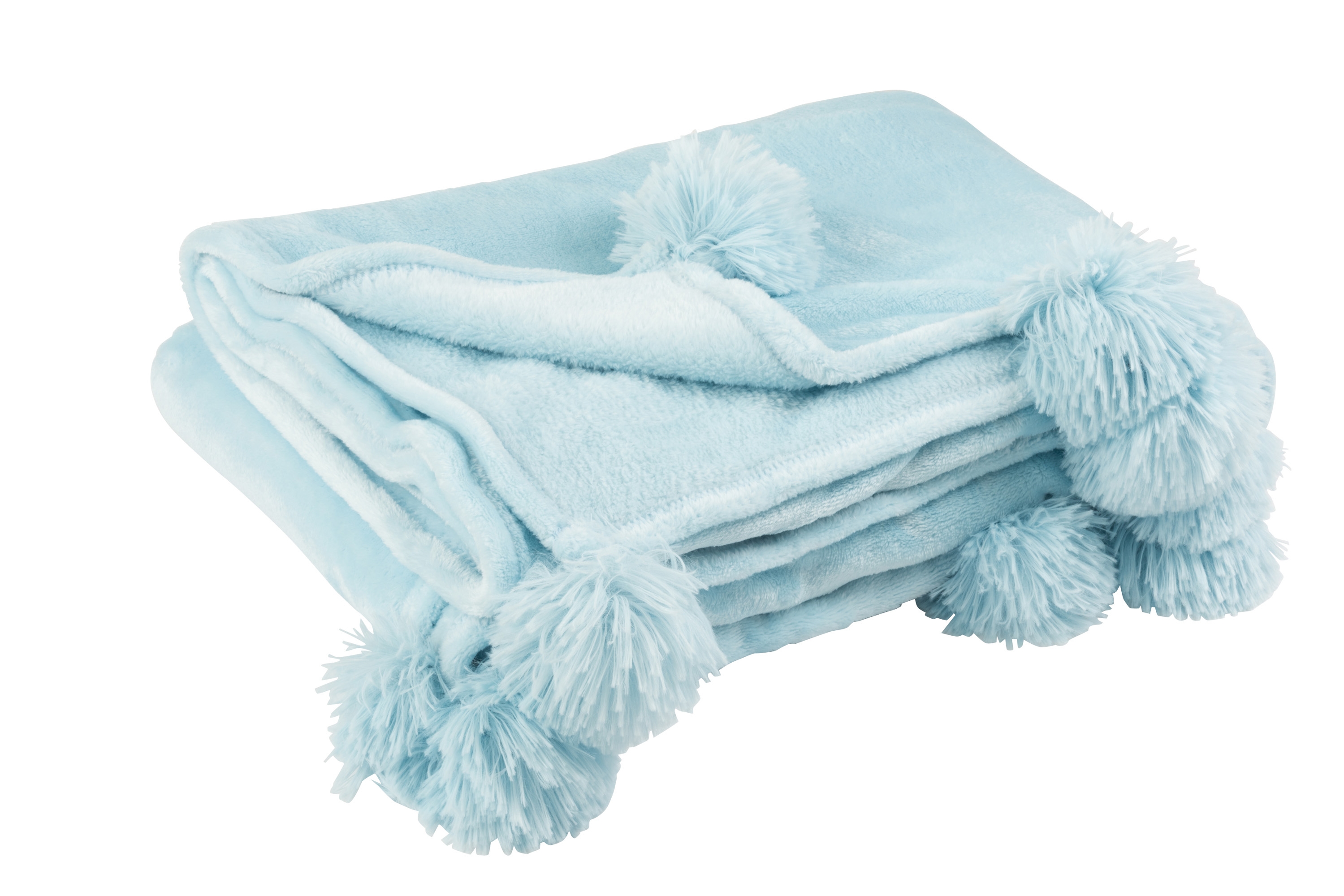 Huňatá deka v krásnej baby blue modrej farbe s pomponmi na bokoch deky 170 x 130 cm 37742 - obrázok 1