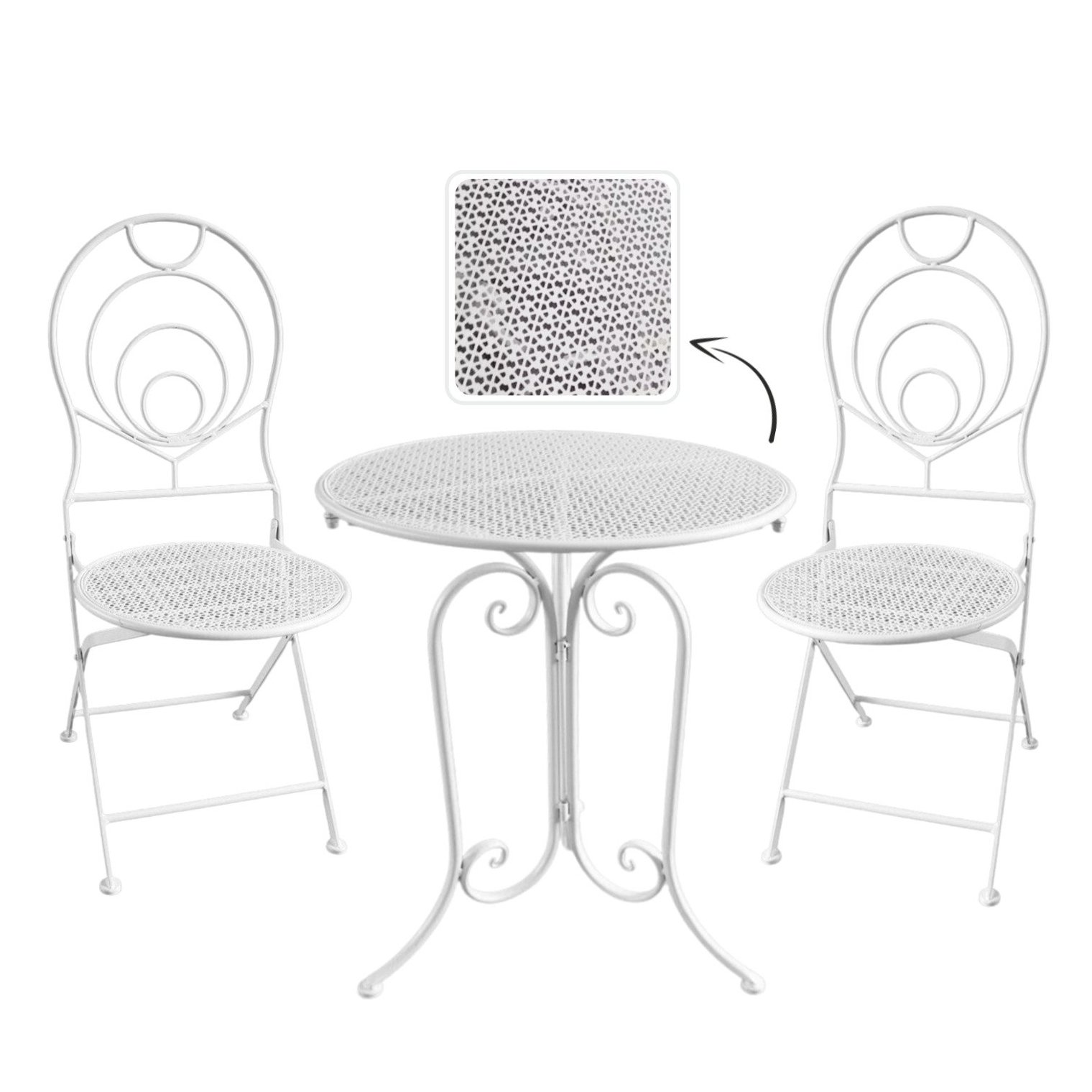 Bistro set kovového záhradného sedenia stôl a dve stoličky v bielej farbe 60x60x70cm/39x39x94 cm 44230 - obrázok 1